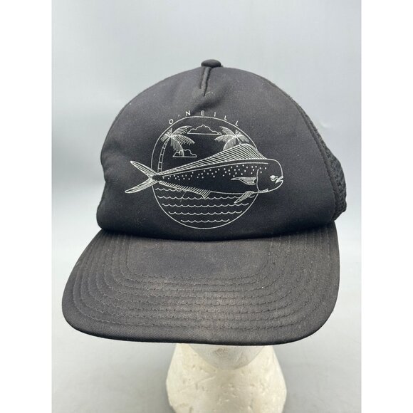 O'Neill Black Snap Back Mesh Trucker Cap with Fish & Palm Print Used READ - Picture 1 of 10